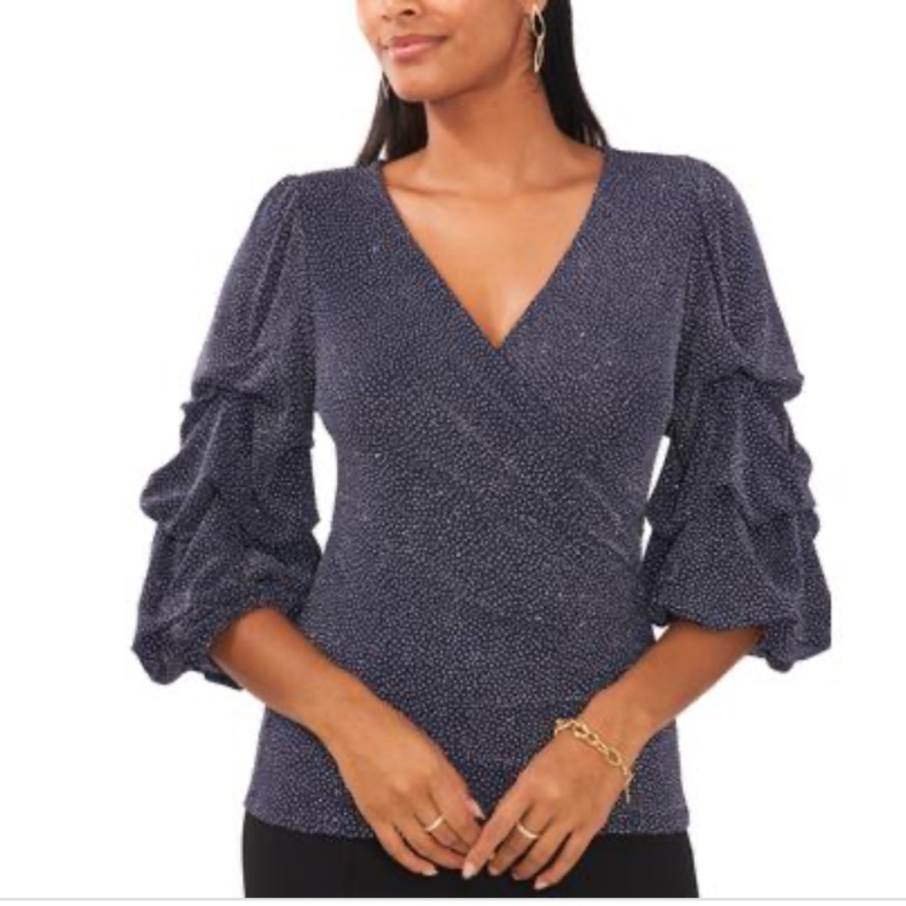 Msk Petite Glitter Surplice Bubble-Sleeve Top - Navy/Silver NWT